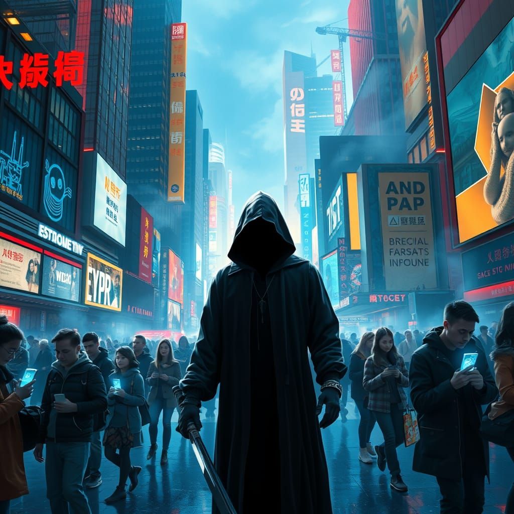 Grim Reaper in Cyberpunk Cityscape