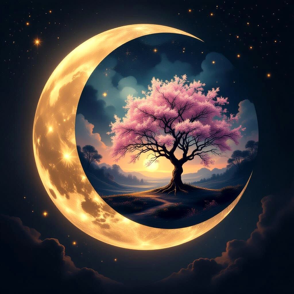 Surreal Moonscape with Luminous Tree in Painterly Realism