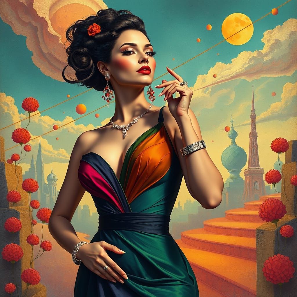 Surrealist Goddess in Futuristic Cubist Dreamscape