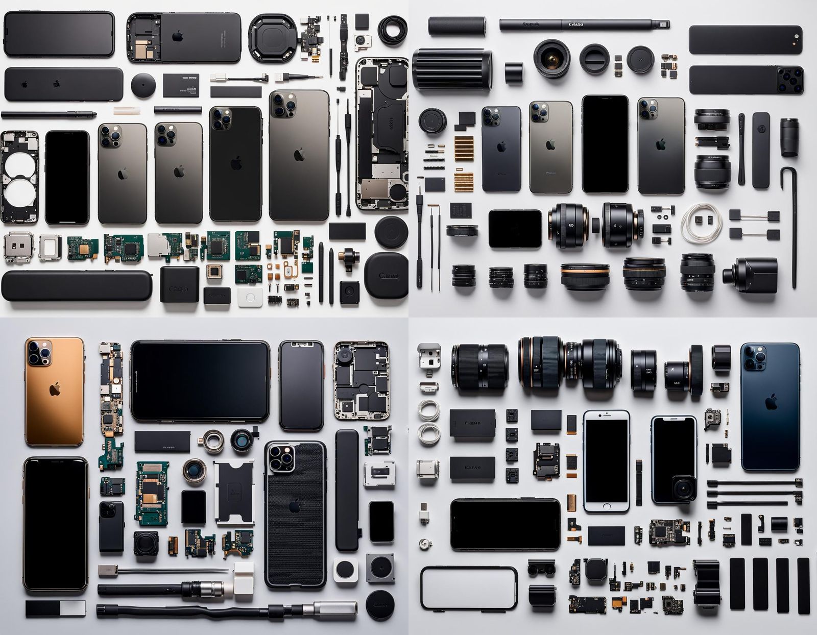 An insanely detailed knolling of iPhone 15 pro max parts.  Professional photography, bokeh, natural lighting, canon lens...