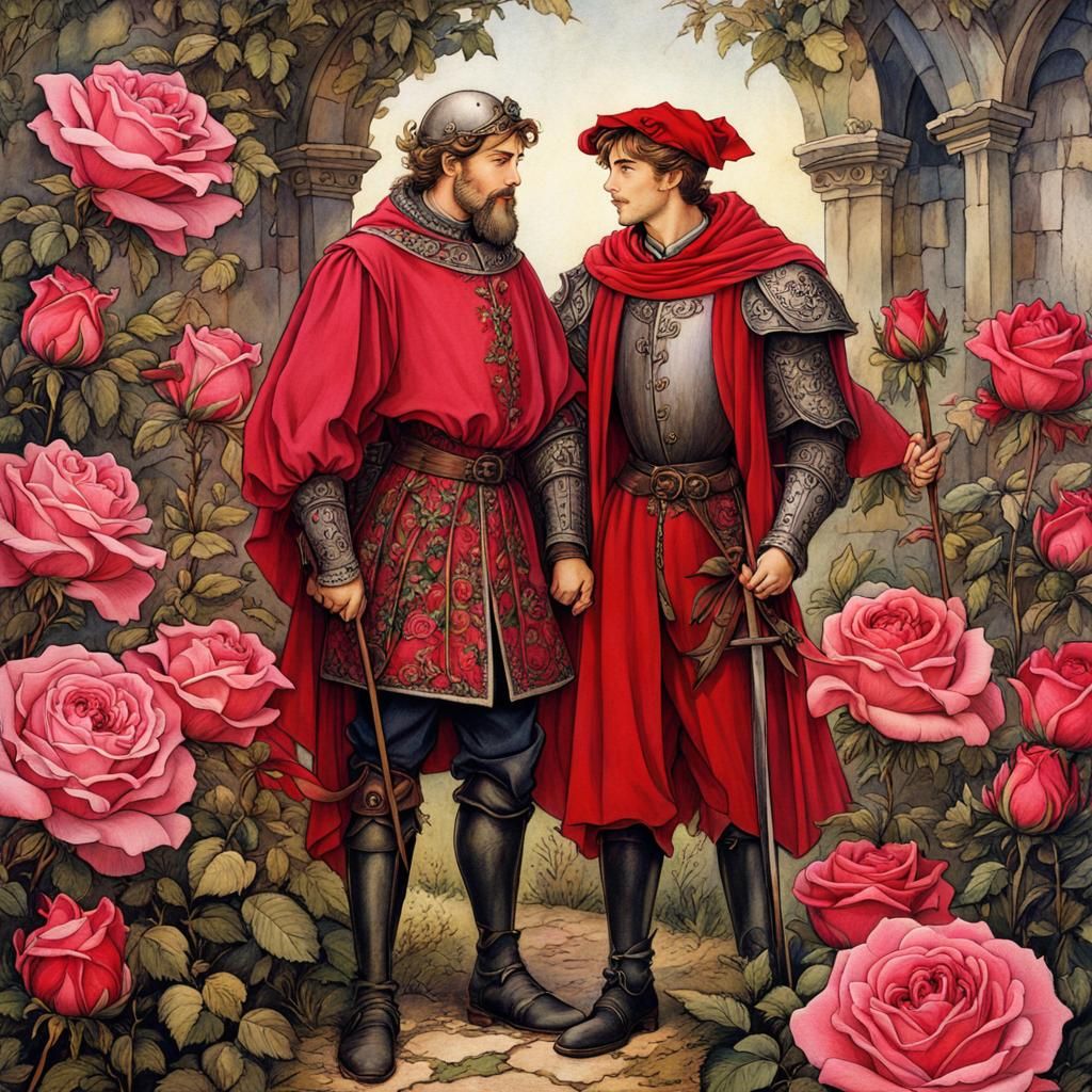 Medieval Father and Son in Rose Garden, Rackham Style