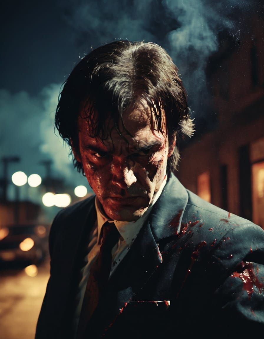 Dramatic Film Still of Armed Man in Tarantino Style