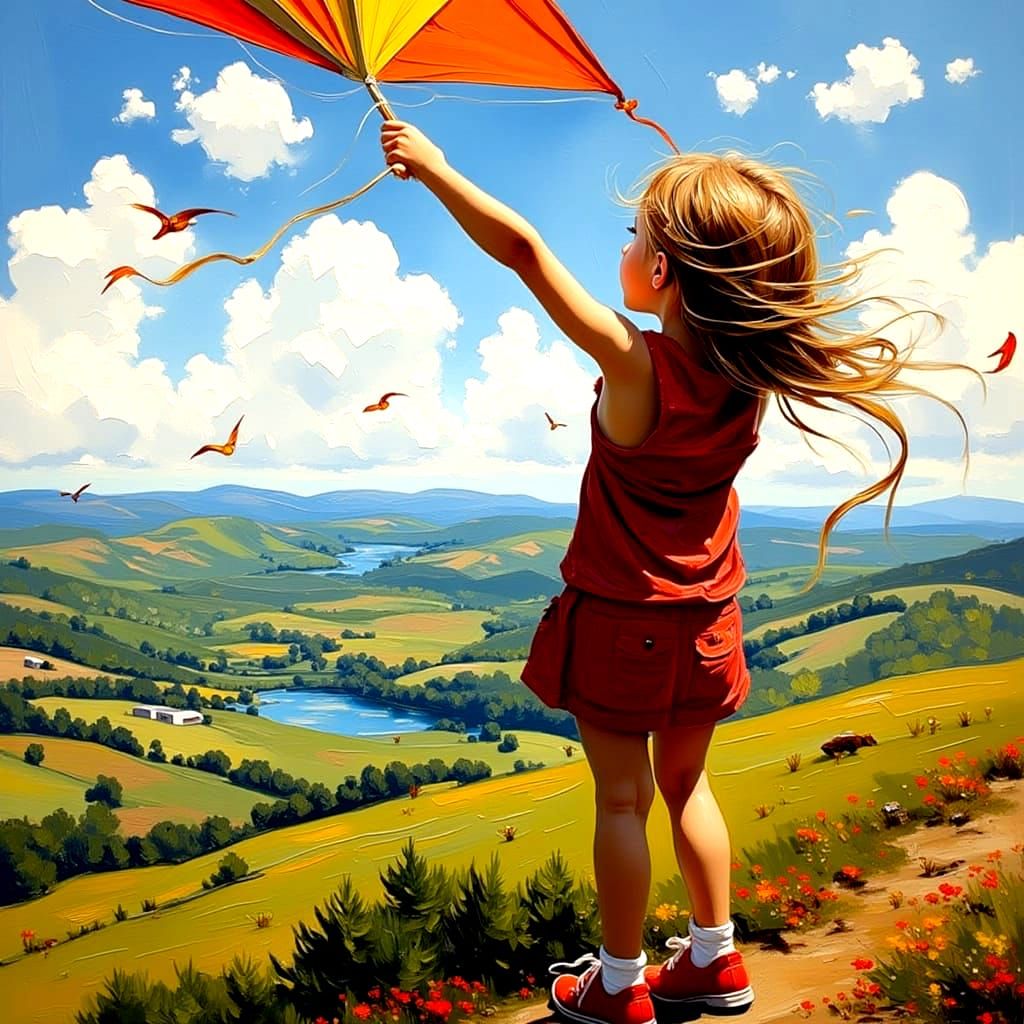 <lora:Essence of Oil:1.0> A child flies a kite on a windy day atop a hill with a view
far into the distance, in an impas...