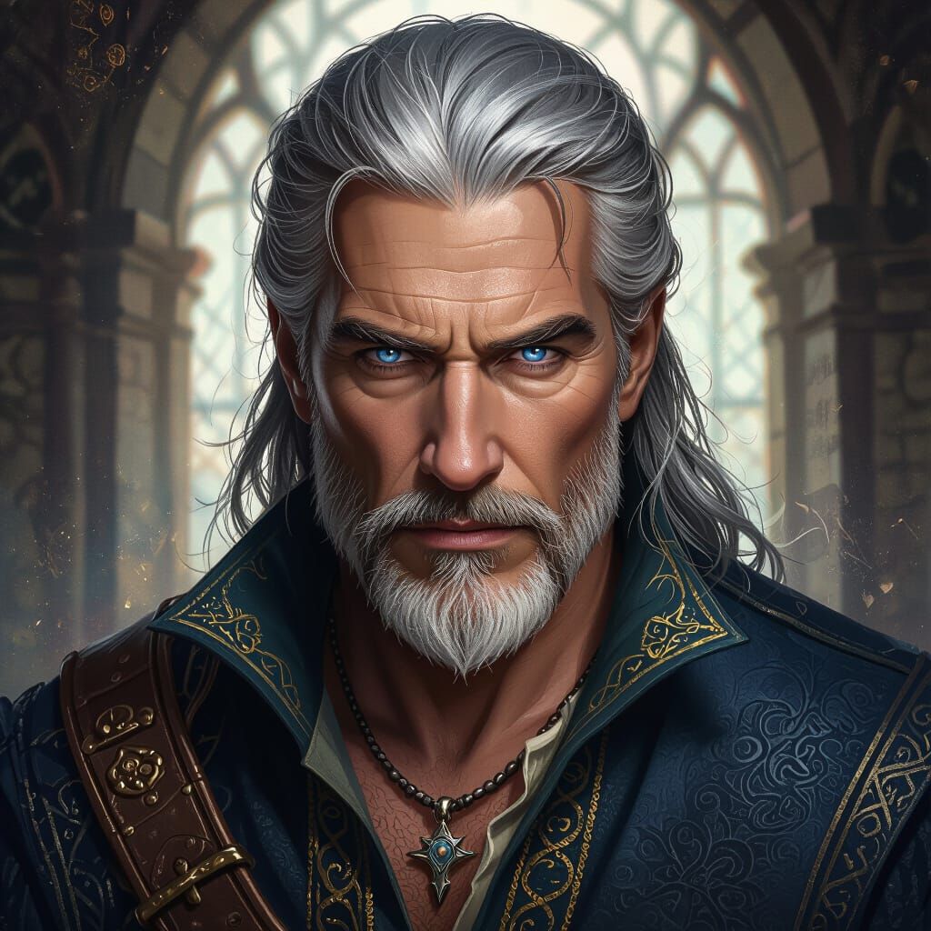 Aging Man in Medieval Shirt with Fierce Expression