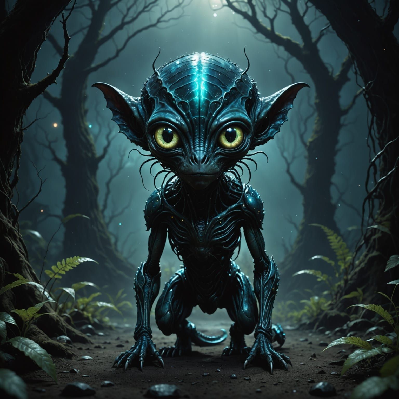Mysterious Alien Pet with Glowing Eyes in Dark Fantasy