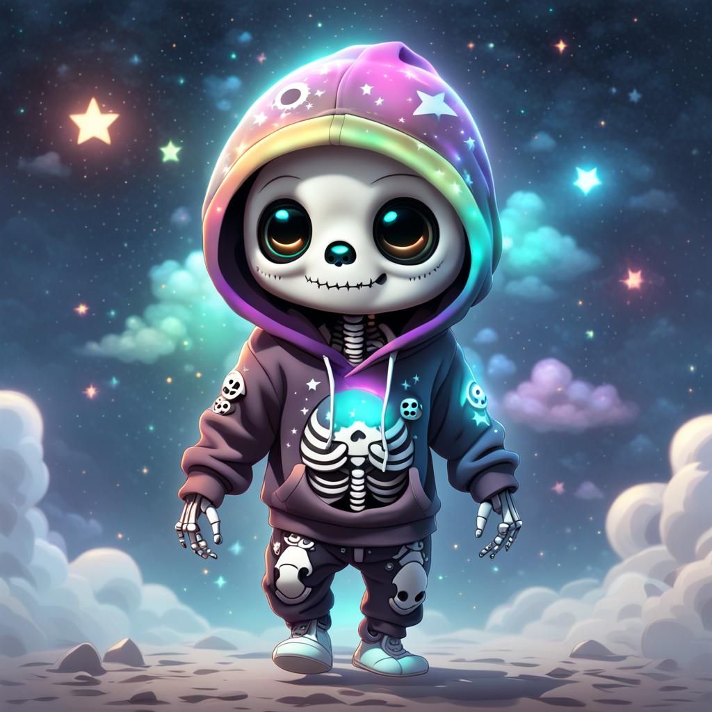 Cute Chibi Skeleton in Dreamscape Clouds