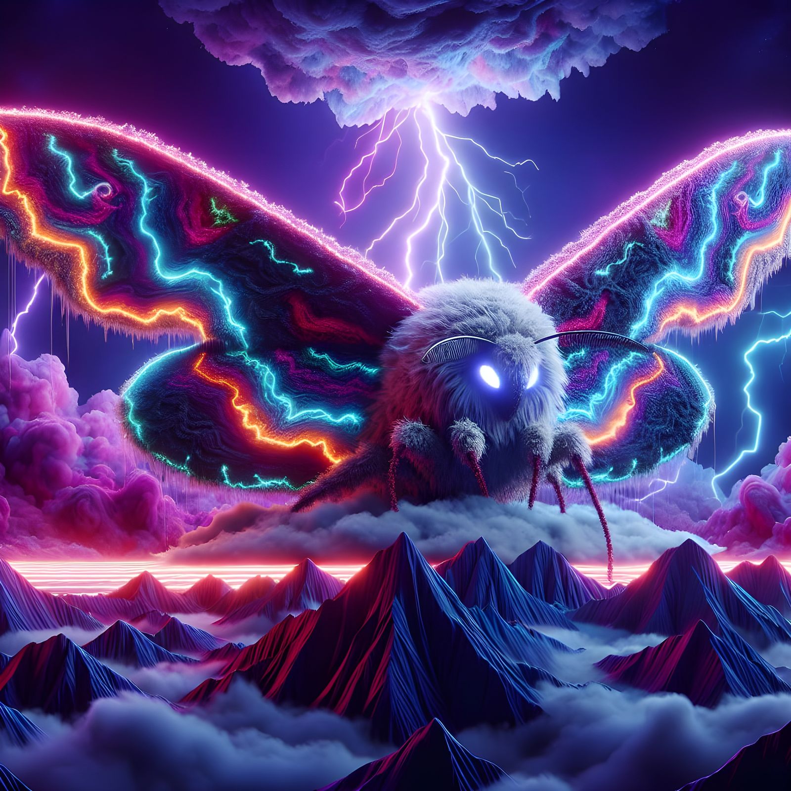 Glowing Neon Moth Goddess Dominates Futuristic Mountainscape