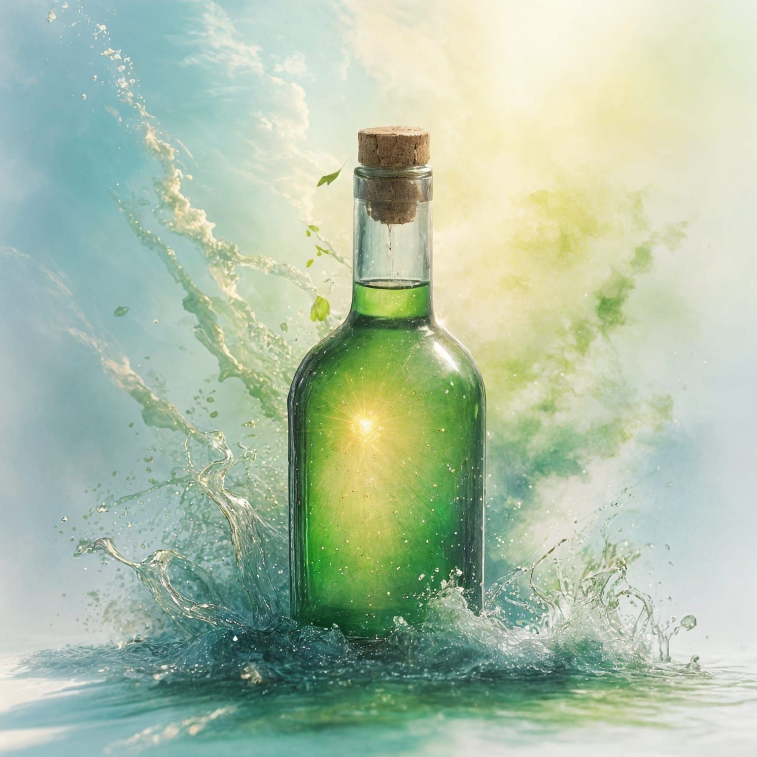Exploding Green Rum Bottle in Watercolor