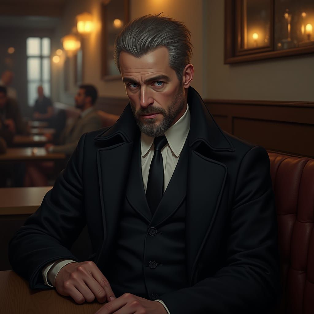 Contemplative Man in Dimly Lit Bar, Hyperrealistic Portrait