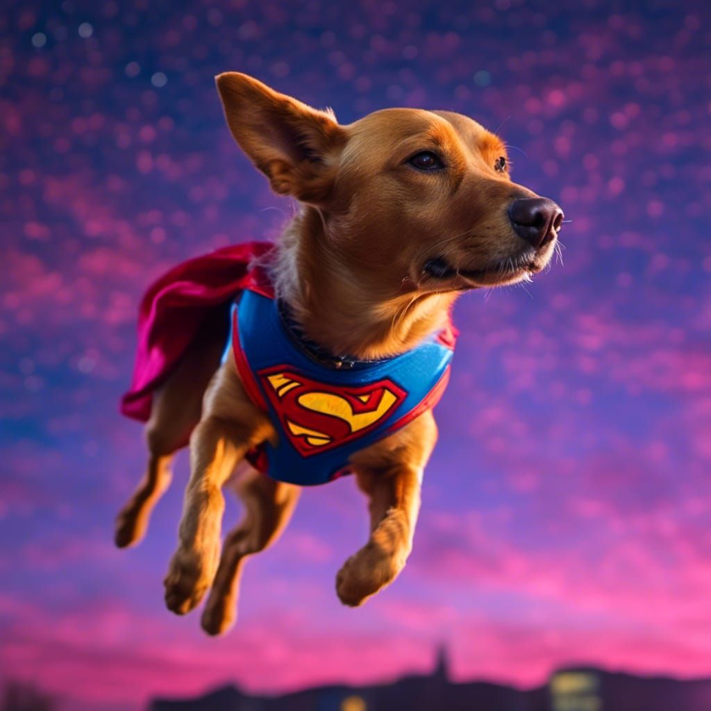 Flying Superman Dog in Space, Synthwave Sunset