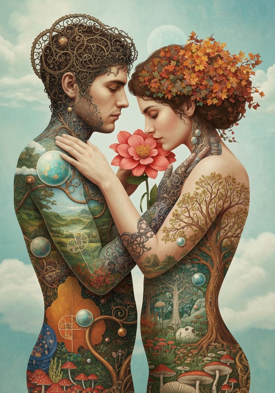 Surreal Woman Embraces Nature and Cosmos