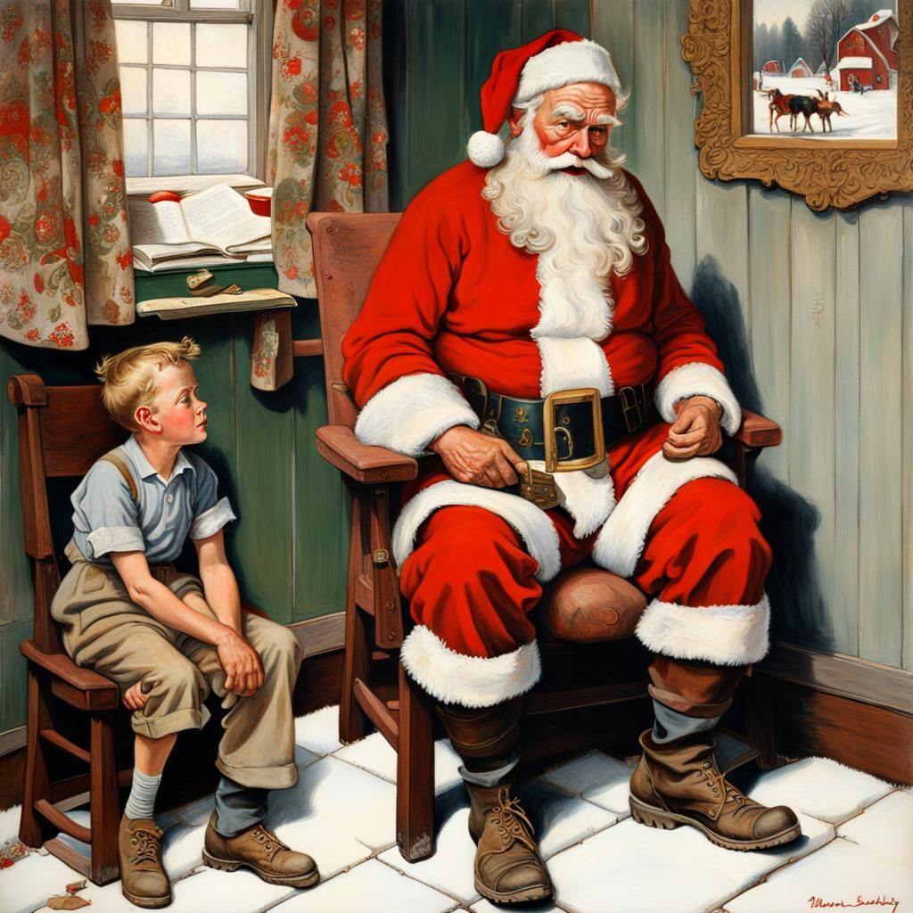 Santa Claus and Runaway Boy: A Nostalgic Oil Painting