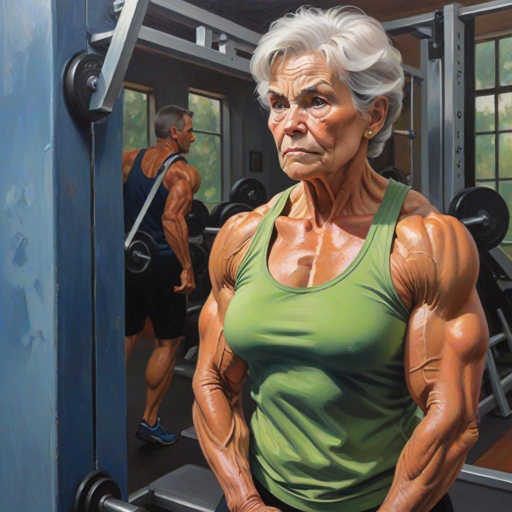 Muscular Grandma Lifts Weights in a Vibrant Oil Painting