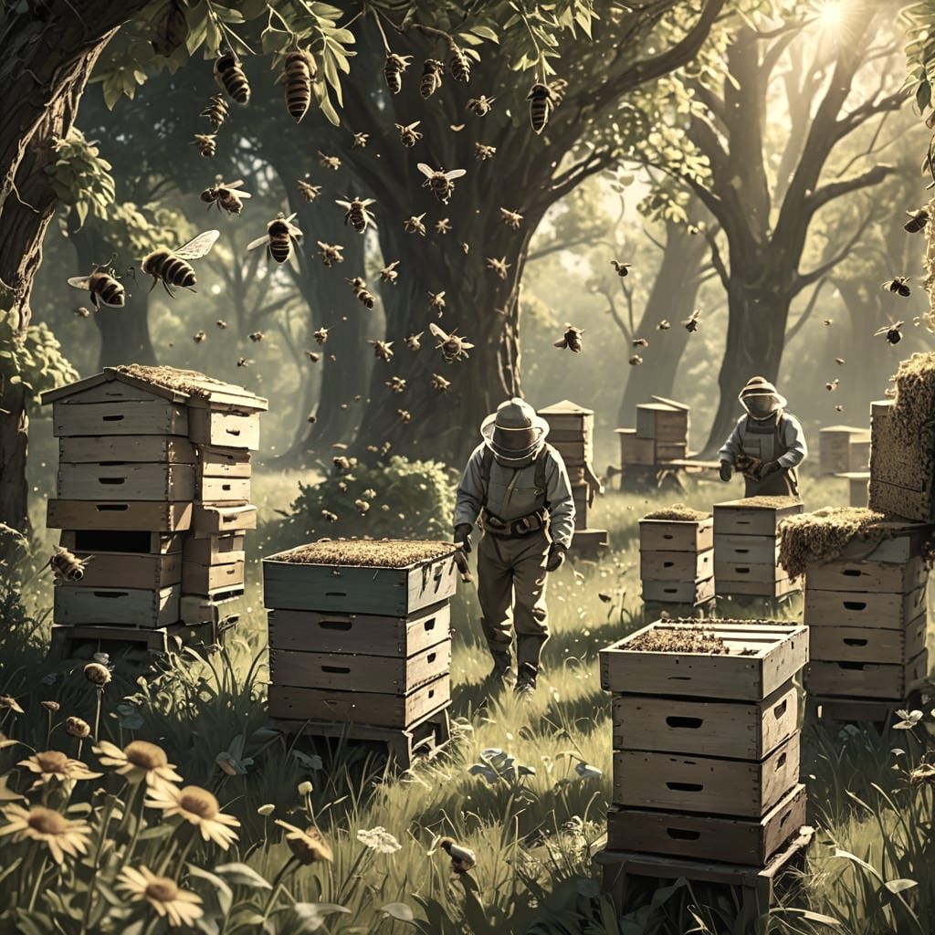 Surreal Beekeeper Surrounded by Whirling Honey Bees in a Fan...