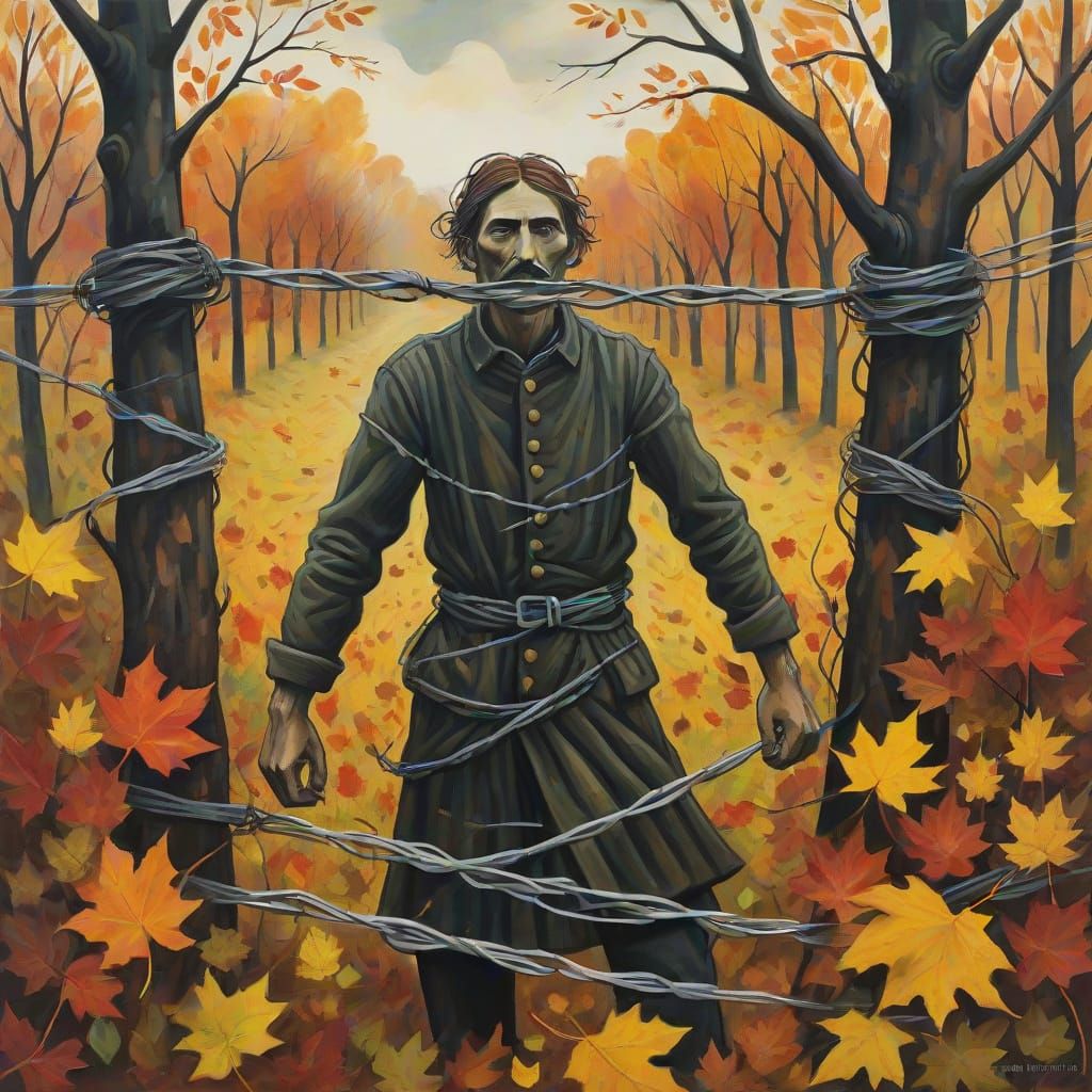 Primitivist Figure Ensnared in Barbed Wire and Leaves
