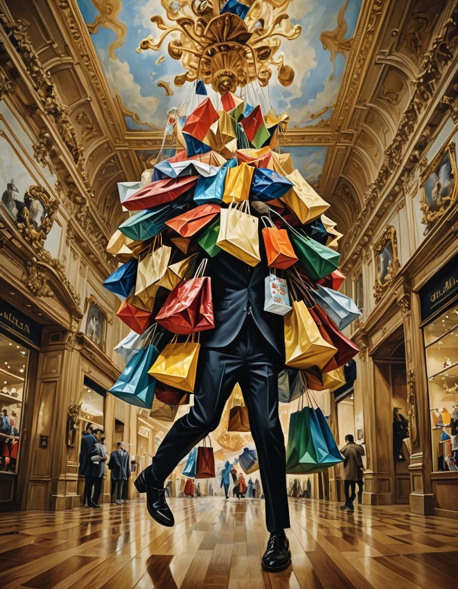 Man Overloaded with Shopping Bags, Salvador Dali-Inspired