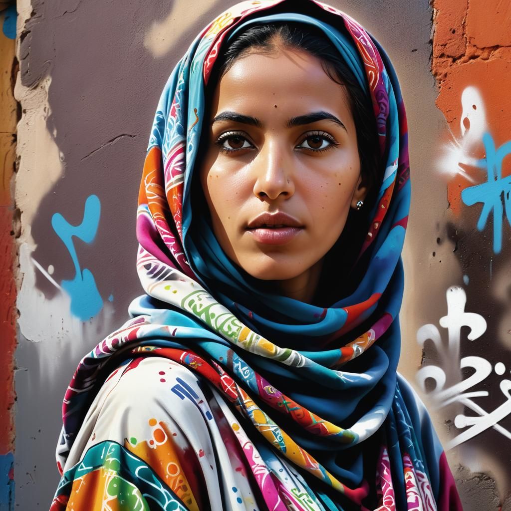 Hyperrealistic Graffiti Portrait of Moroccan Woman