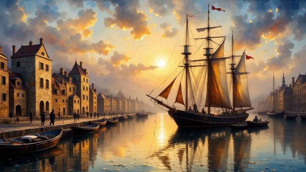 Ancient Harbor in Impasto Style with Golden Light