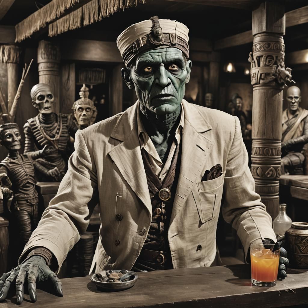 Mummy Sipping Cocktail at Tiki Bar