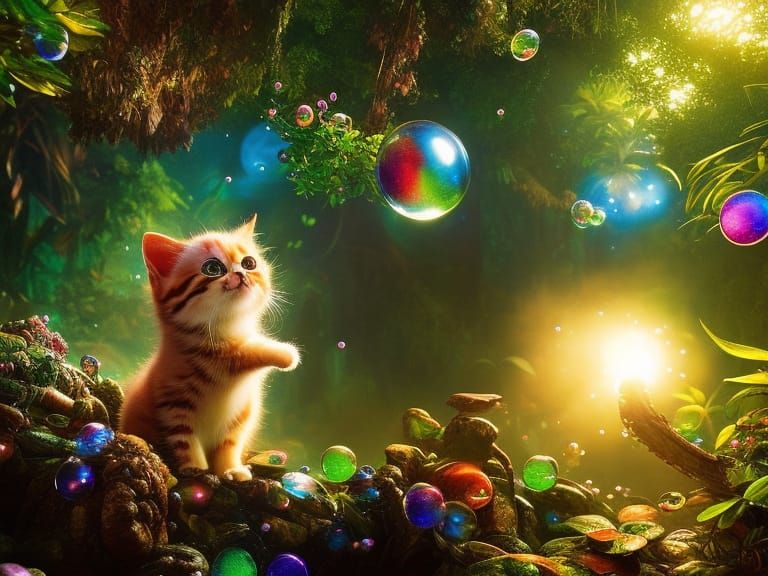 Whimsical Jungle Scene with Feline and Colored Bubbles
