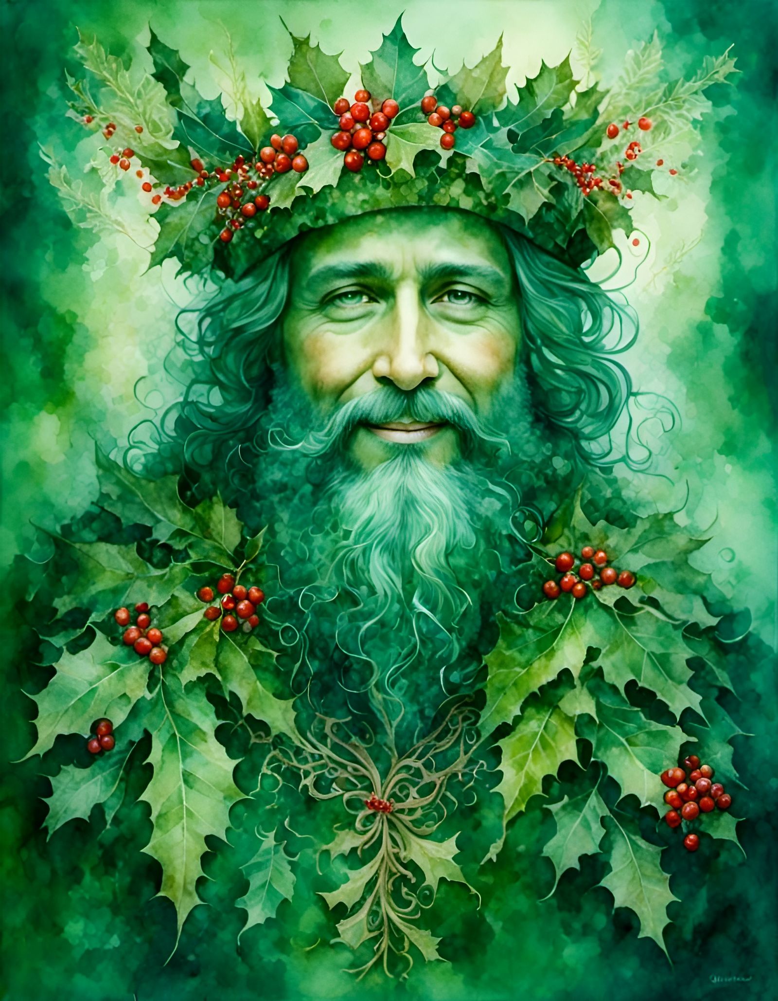 Smiling Green Man with Holly Crown Digital Painting