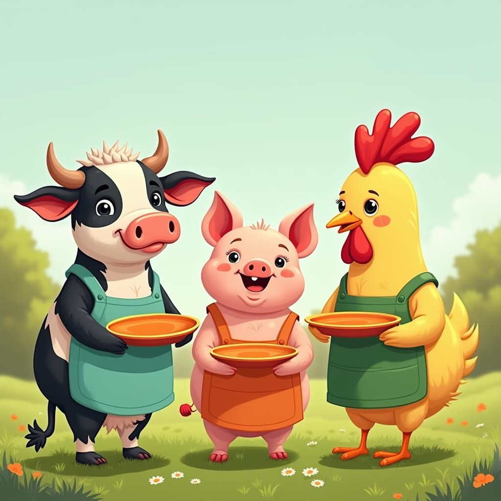 Cartoon Farm Friends Anticipate a Tasty Feast