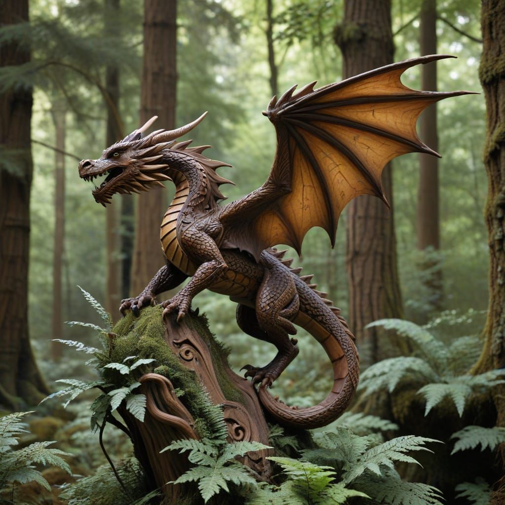 Ornate Wooden Dragon Sculpture Taking Flight