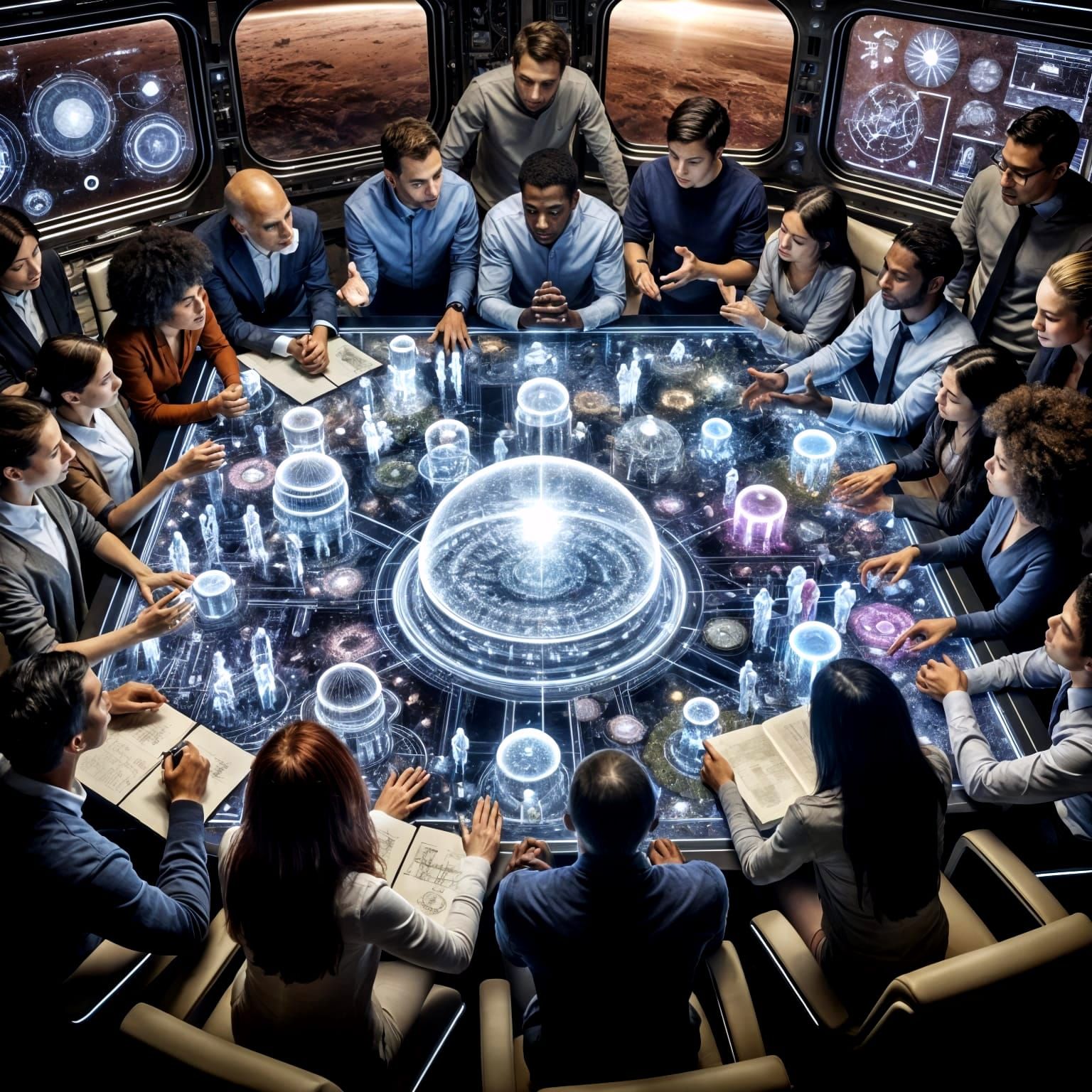 Engineers, men and women, in a spaceship, discussing a holographic blueprint of a city on Mars