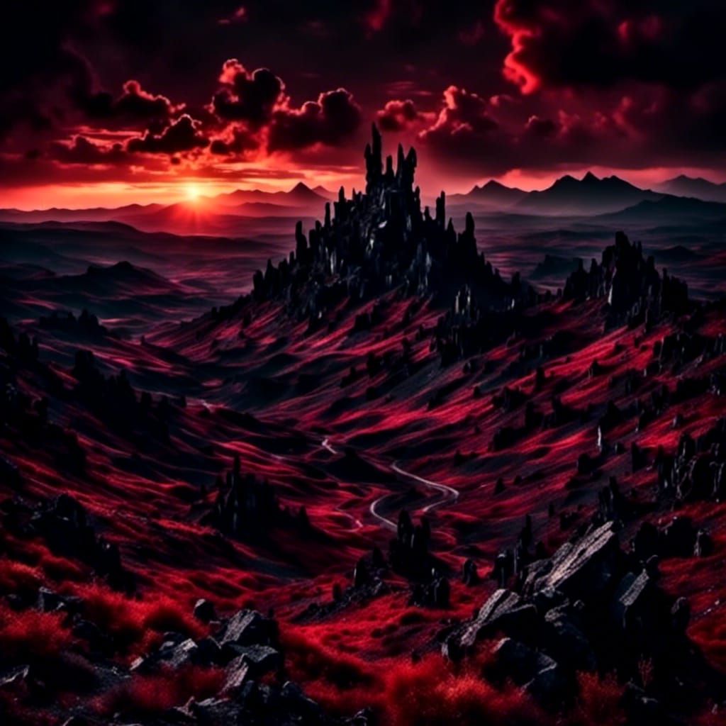 Dramatic Sunset Over Barren Black Landscape