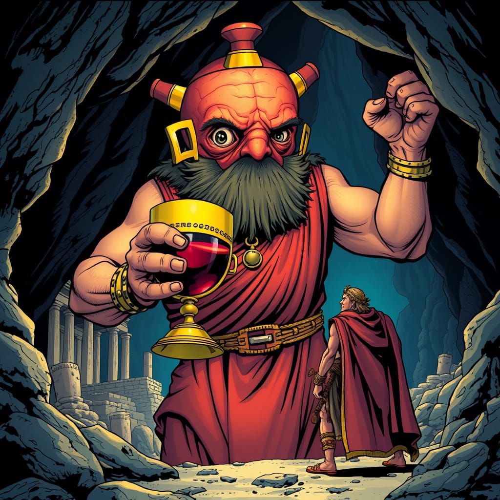 Ancient Greek Cyclops Reveals Wine to Explorer in Vibrant Co...