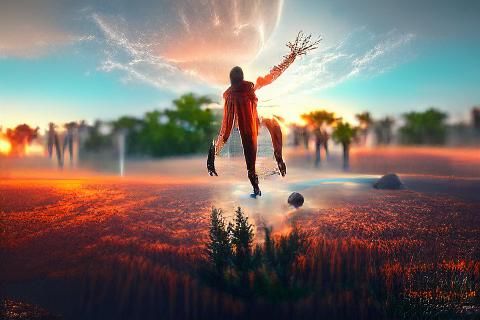 Levitating Human in Sunset Nature Concept Art