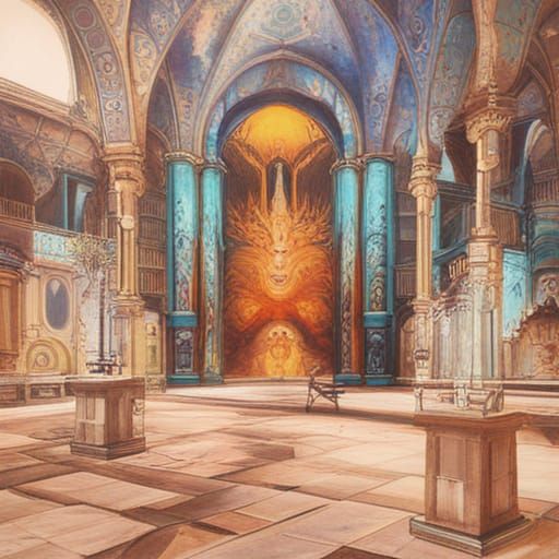 Surreal Museum in Gothic Building with Magic Waves