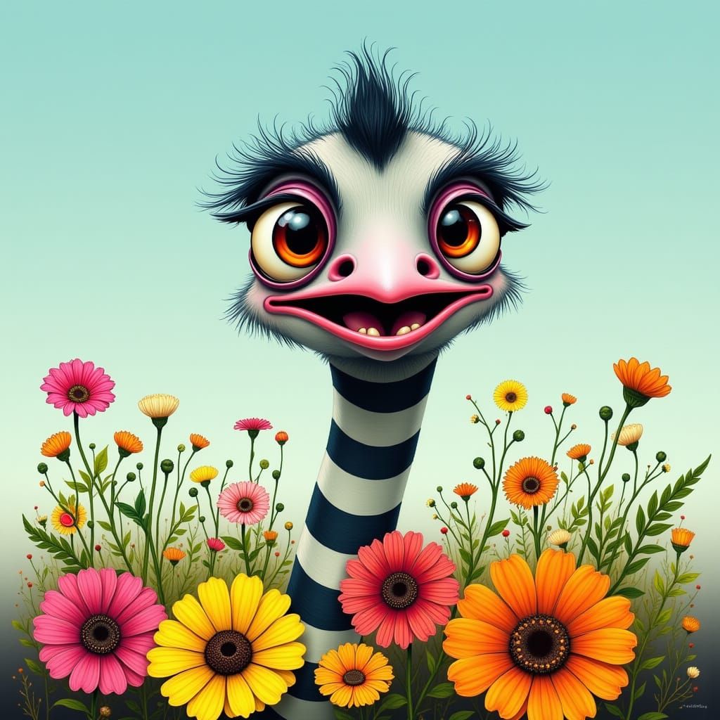Whimsical Ostrich Portrait in Cartoon Style