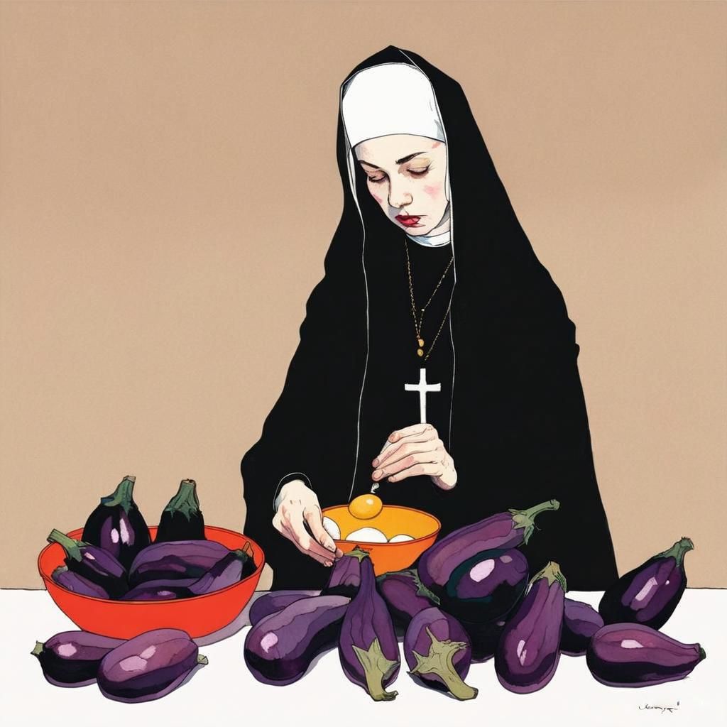 Worried Nun Peeling Eggplants: Renaissance Style