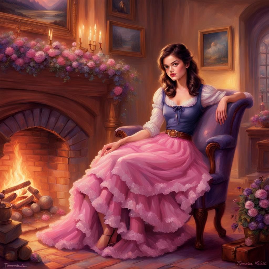 Pink Cowgirl Fantasy Art by Fireplace