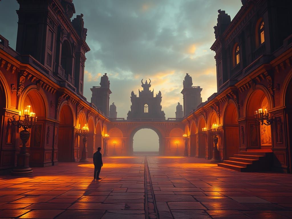 Surreal Metaphysical Plaza in Dusk Light, Dark Fantasy Art