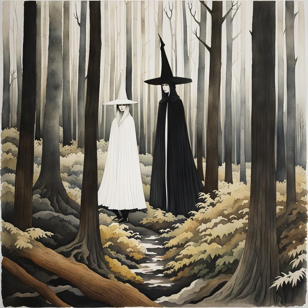 Witch in White Woodland Watercolor Painting