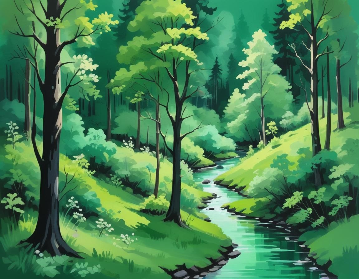 Emerald Green Forest: A Gouache Landscape