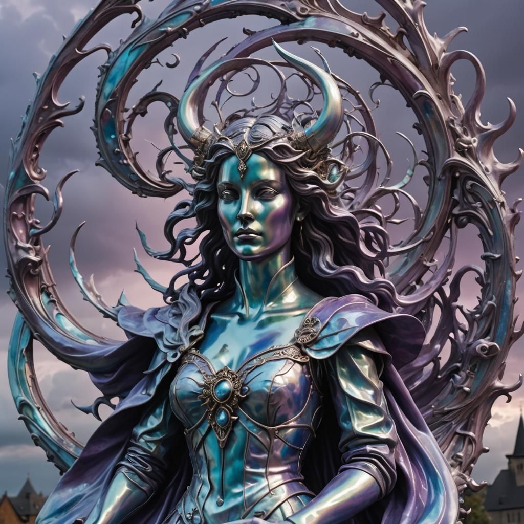 Iridescent Leather Statue in Surrealist Storm