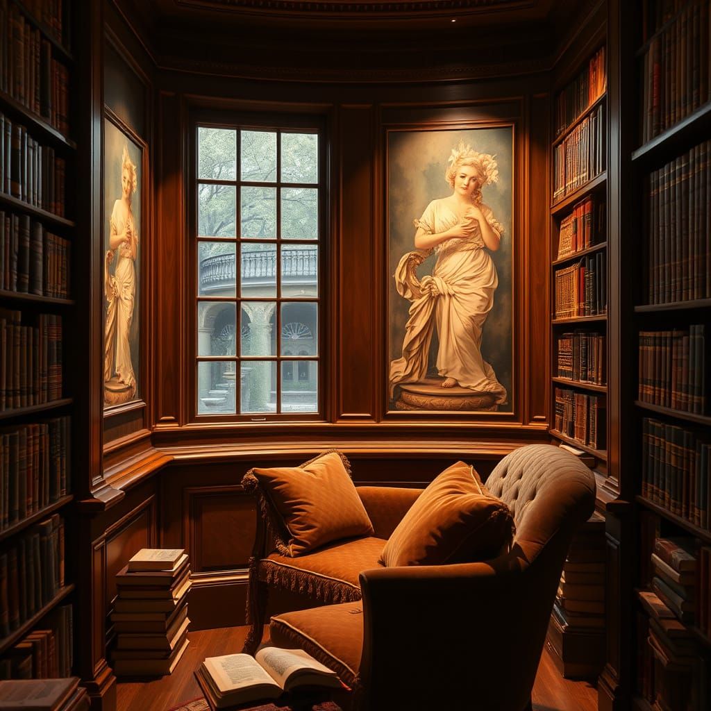 Serene Booknook in Elegant Library Setting