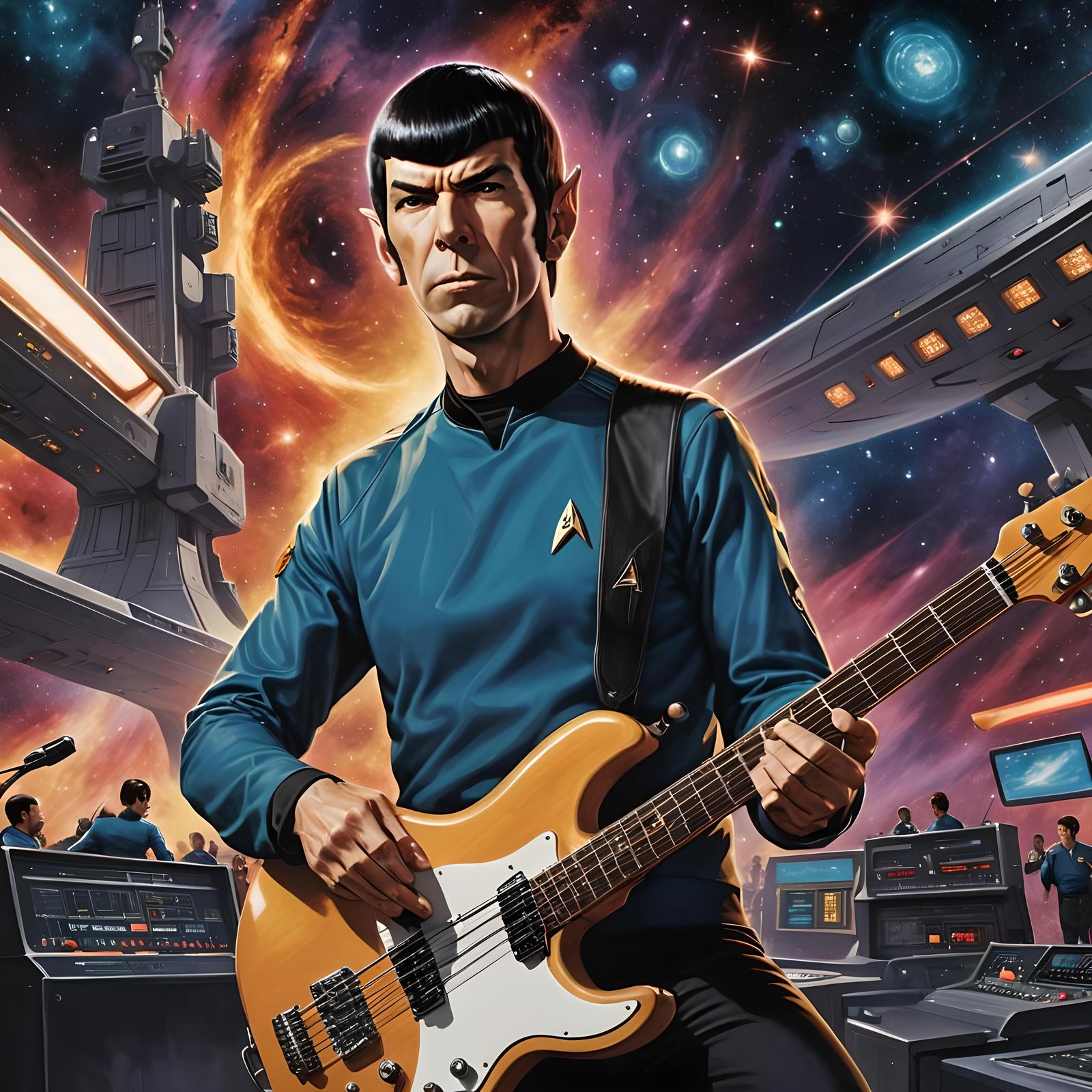 Spock Plays Bass in Hyperrealistic Anime Style