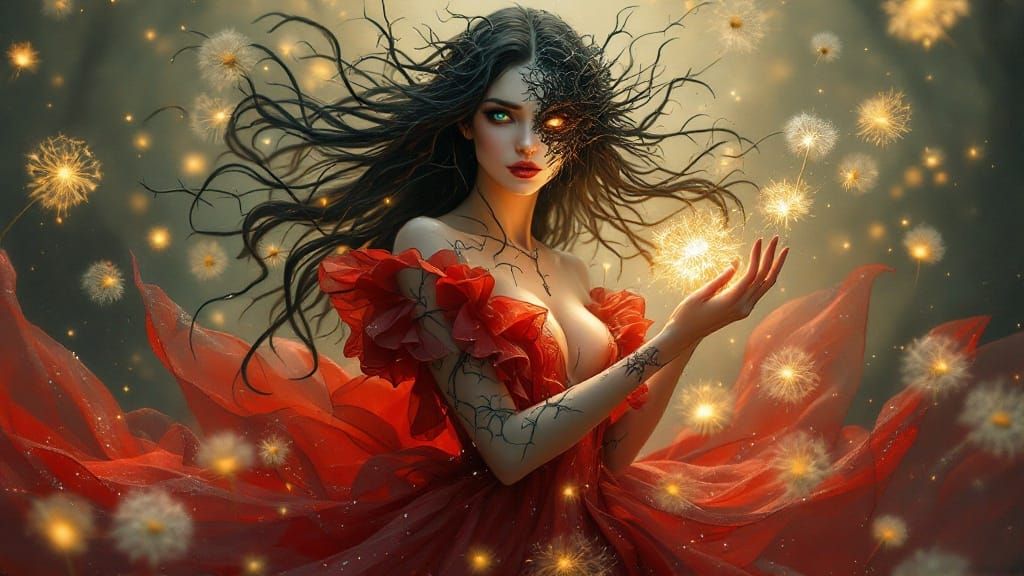 Ethereal Fantasy Heroine in Crimson Gown