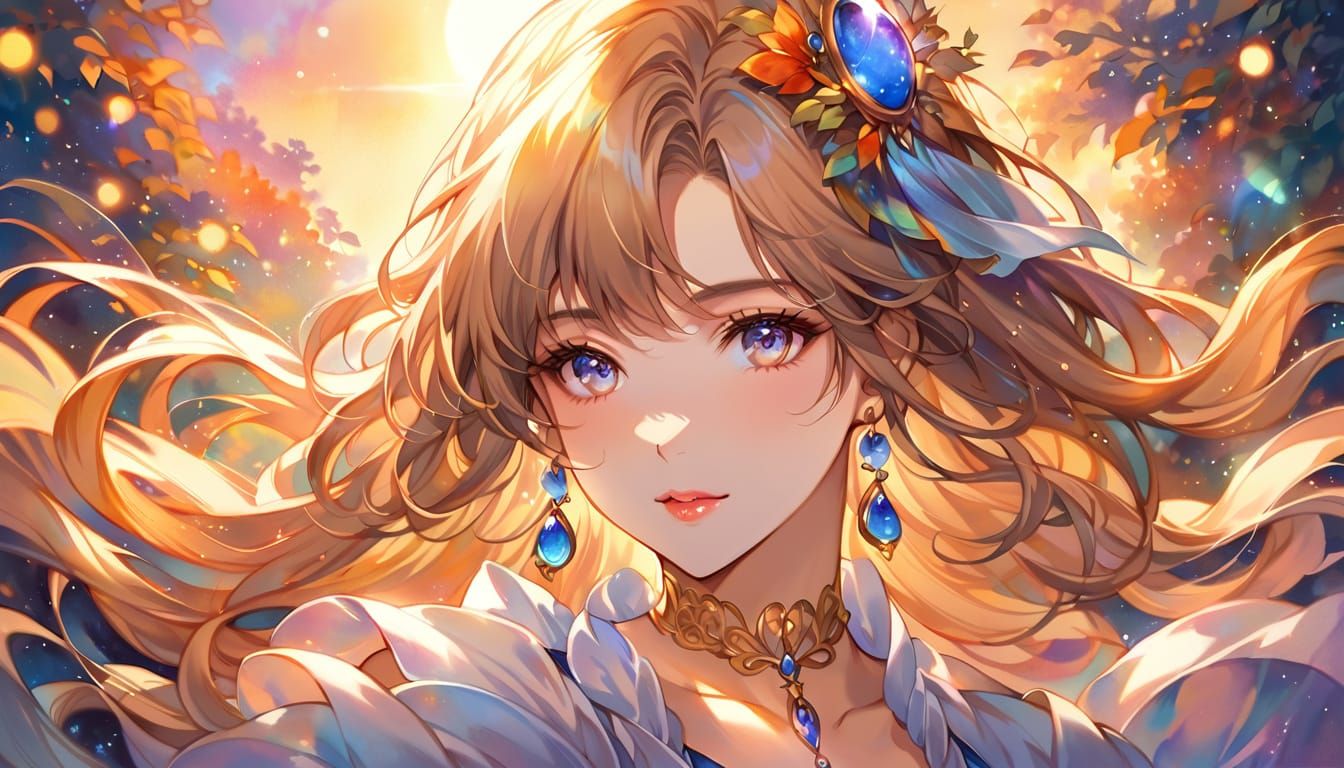 Ethereal Woman with Sapphires in Watercolor Style