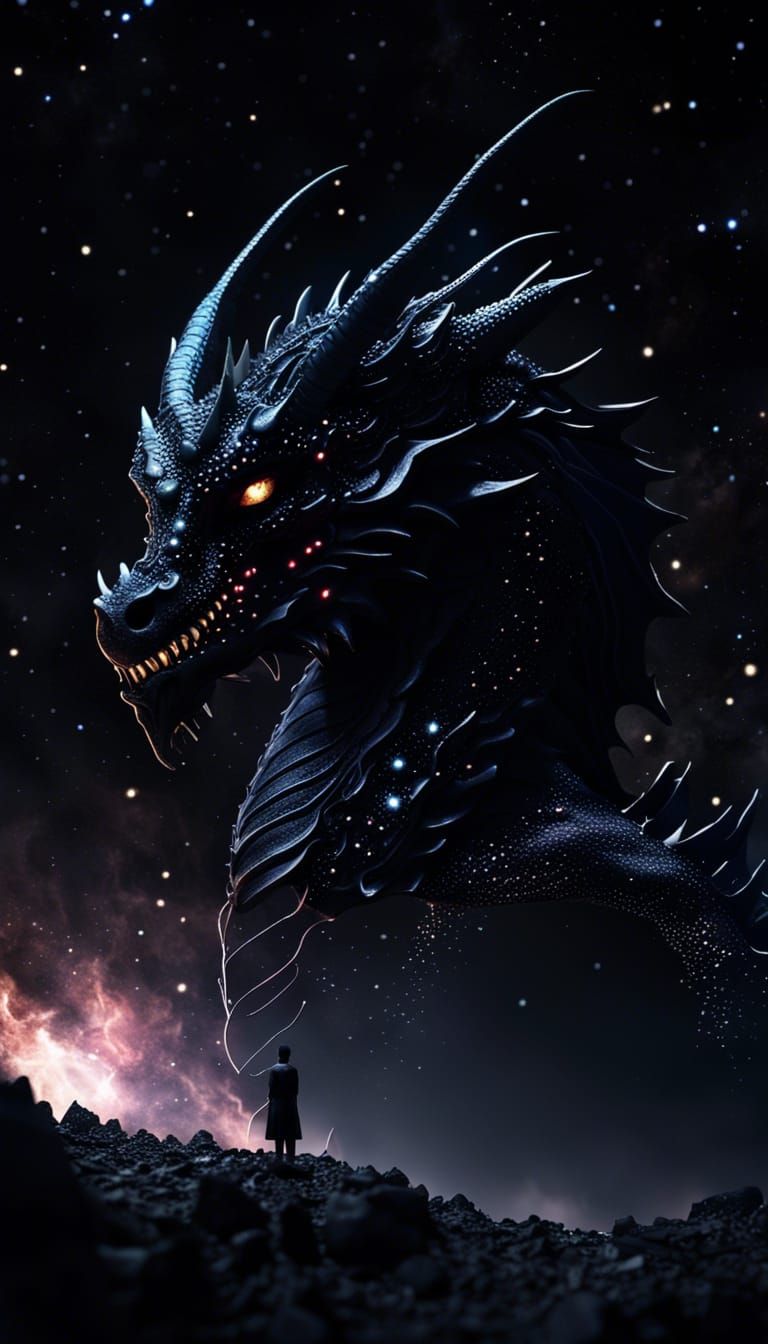 Black Dragon God Gazing at Galaxy: Dark Fantasy