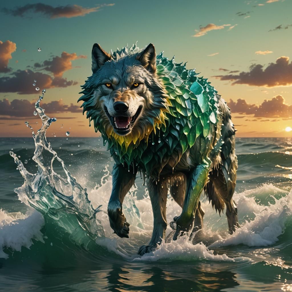 Majestic Water Wolf Emerges at Sunset