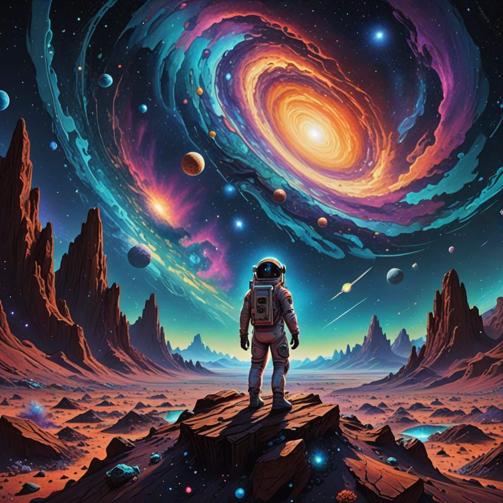 Lone Astronaut in Cosmic Holographic Illustration