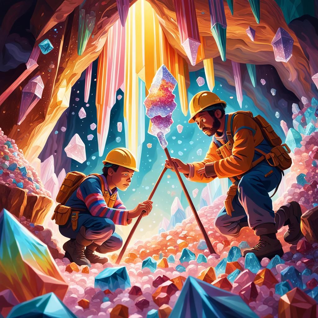 Candy Miners Excavating Crystals: Whimsical Oil Painting