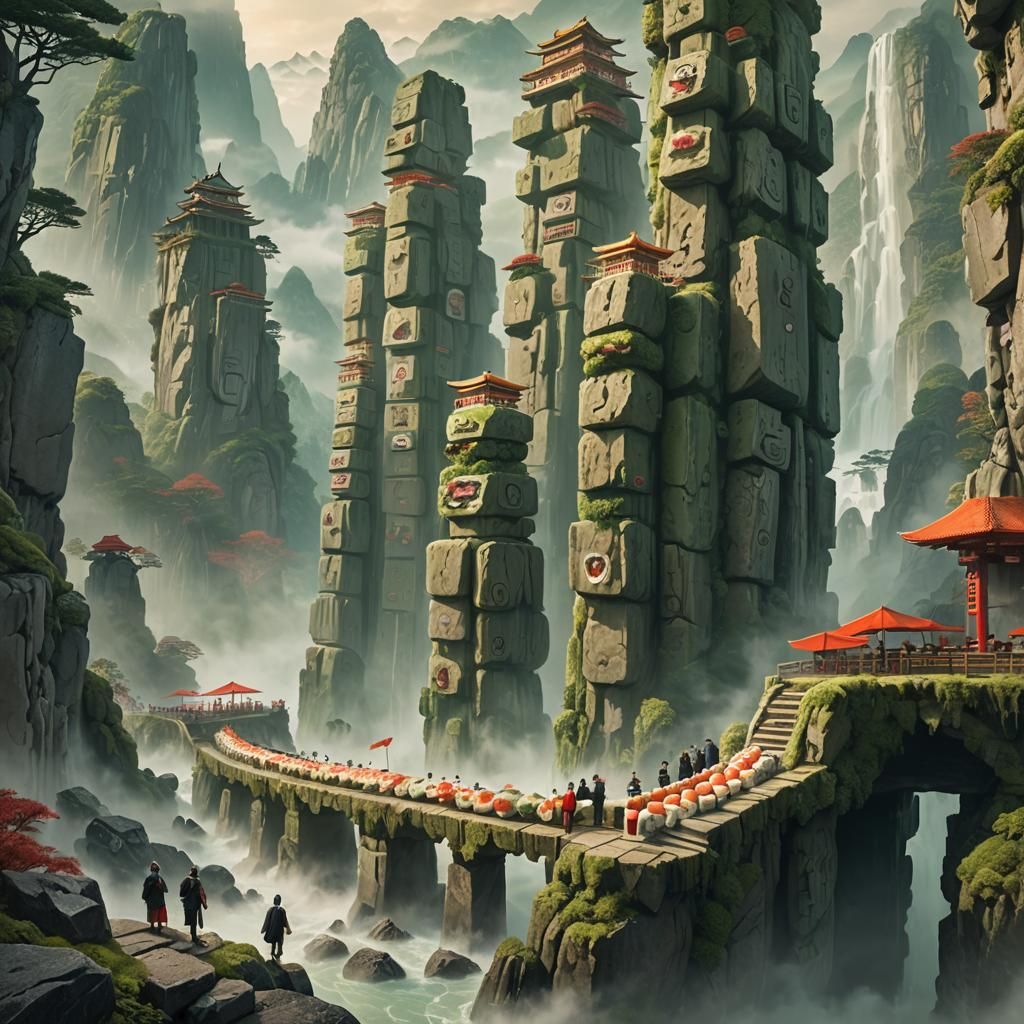 Giant Sushi Pillars in Misty Mountains, Fantasy Art