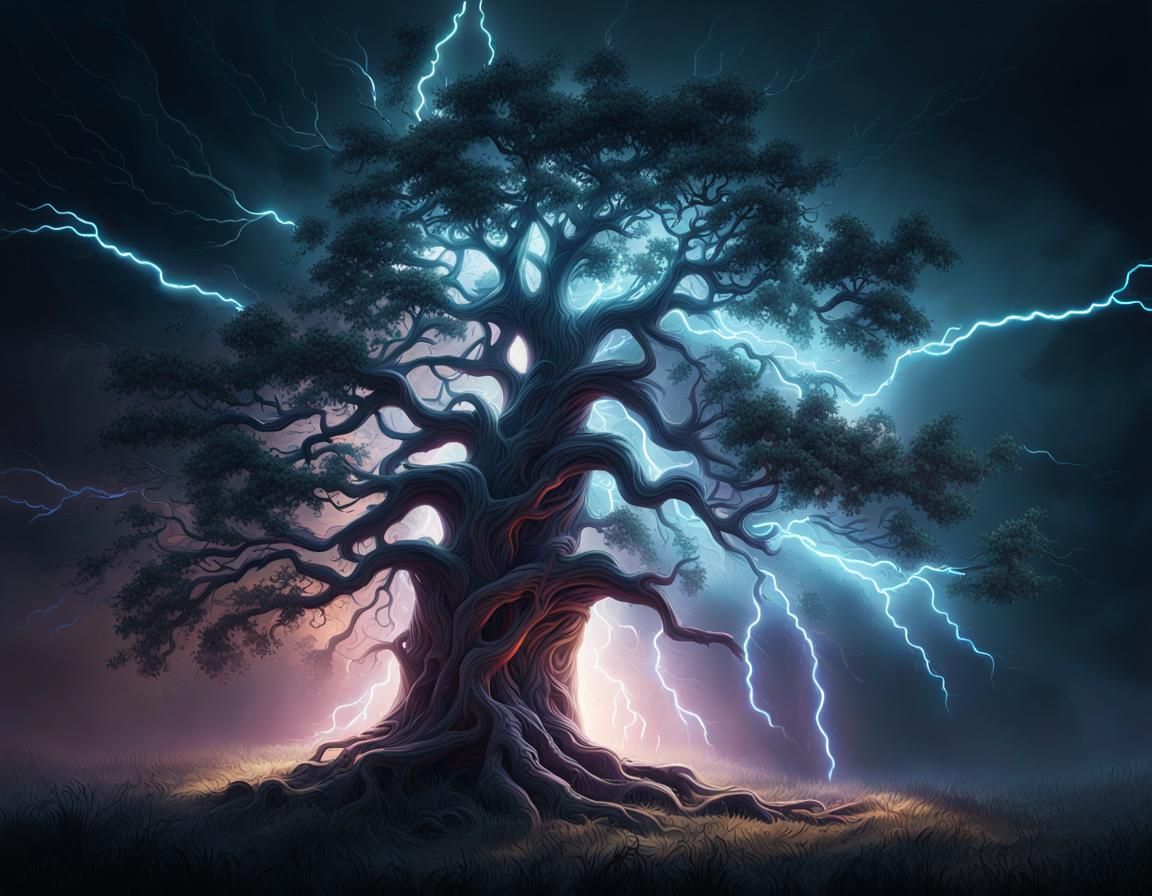 Dramatic Tree in Dark Landscape with Lightning