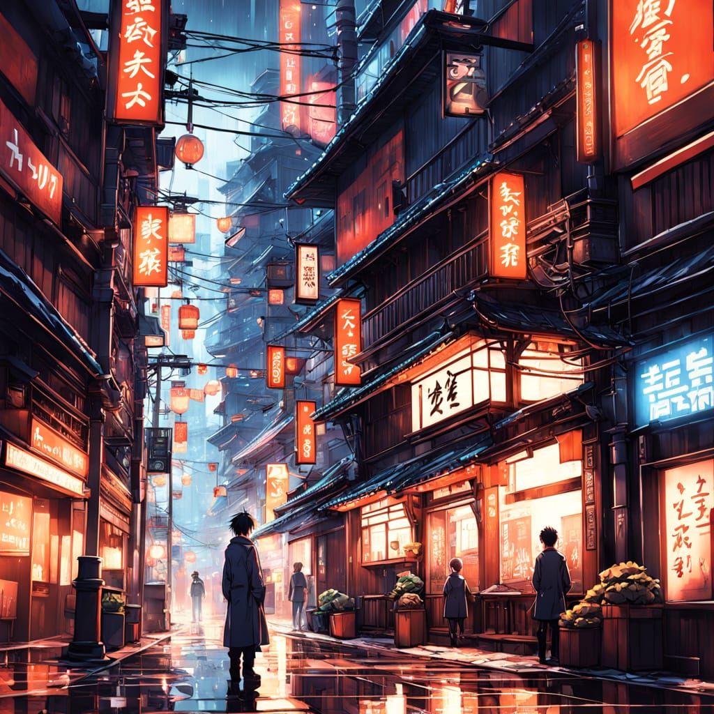 Shin'ichi Kudō in Neon-Lit Japanese City